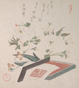 Cherry Blossoms and Seal-box with Ink and Ruler