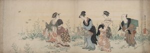 Four Girls and a Servant Enjoying Wild Flowers and Butterflies by Kubo Shunman