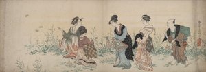 Four Girls and a Servant Enjoying Wild Flowers and Butterflies by Kubo Shunman