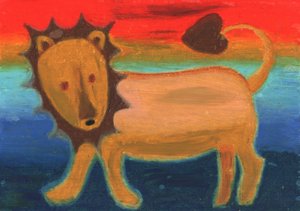 Golden Lion in Rainbow Sky