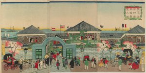 Picture of the Prosperity of Mercantile Establishments along Nakadouri on the Yokohama, Meiji era, 1870 by Kuniteru II Utagawa