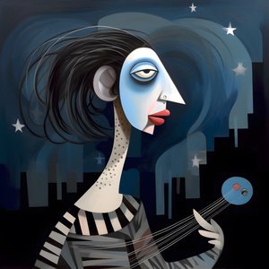 3D Woman Troubadour with Her Guitar in the Night Moon Lights 3
