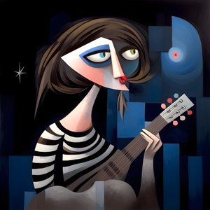 3D Woman Troubadour with Her Guitar in the Night Moon Lights 4