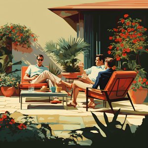 3 Friends Relaxing in the Garden with One or Two Drinks 2