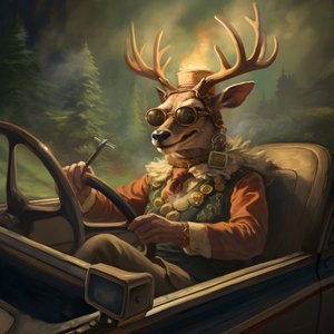 A Deer with a Cigar in His Mouth Driving a Convertible Automobile 1