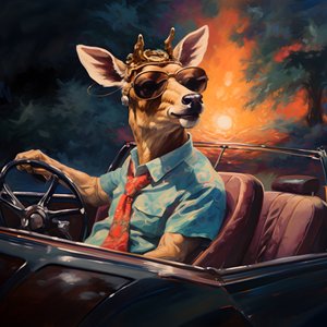 A Deer with a Cigar in His Mouth Driving a Convertible Automobile 4