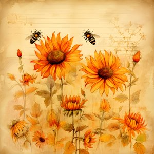 Watercolor Sunflowers and Bees Silhouettes Filled with Handwritten Autumn Poems 1