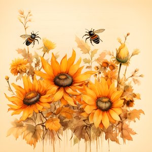 Watercolor Sunflowers and Bees Silhouettes Filled with Handwritten Autumn Poems 2