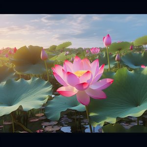 On the Clear Water Surface Bloom Large and Beautiful Lotus Flowers, Green Lotus Leaves and Dew on the Lotus Flowers. The Sunset Shines on the Water Surface 4