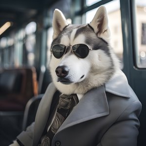 A Siberian Husky Dog in a Suit and Sunglasses at the Bus Station, Like a Gentleman 1