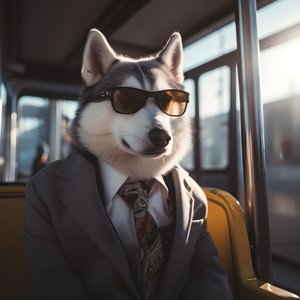 A Siberian Husky Dog in a Suit and Sunglasses at the Bus Station, Like a Gentleman 3
