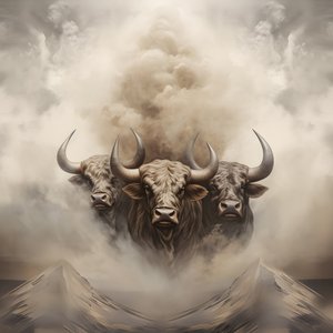 A Fractal Abstract Canvas, Beige-White Smoke Texture. 3 Black Bulls Emerging from the Smoke, with Mount Ararat on the Horizon. Poses Reminiscent of Bulls on Wall Street in New York. 1 by Kurt Heppke
