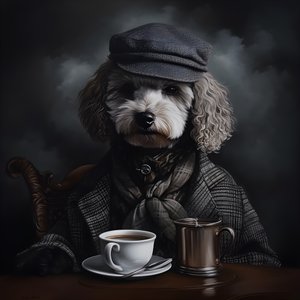 A Cultivated Poodle Drinks a Cup of Tea, Wears a Turtleneck and a Flat Cap, Smoky Background 2