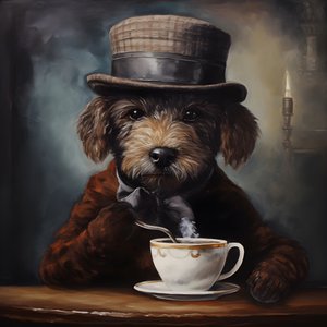 A Cultivated Poodle Drinks a Cup of Tea, Wears a Turtleneck and a Flat Cap, Smoky Background 4