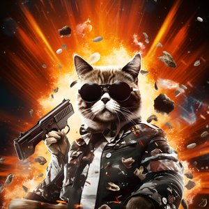 Movie Poster of a Cat Wearing a Black and White Polka Dot Shirt and Shiny Sunglasses, with Explosions and Cannons in the Background 3
