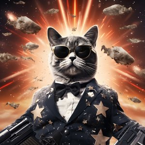 Movie Poster of a Cat Wearing a Black and White Polka Dot Shirt and Shiny Sunglasses, with Explosions and Cannons in the Background 4