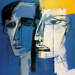 Painting of Two Heads Against a Blue Background 4