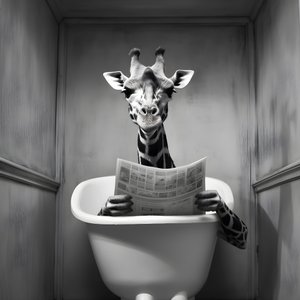 Happy giraffe sitting on toilet with newspaper 1