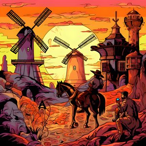 Background Don Quixote on His Donkey as Small as a Shadow in Front of the Windmills, a Suitable Backdrop 3