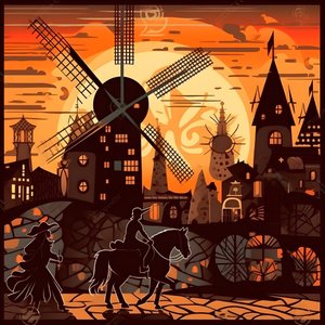 Background Don Quixote on His Donkey as Small as a Shadow in Front of the Windmills, a Suitable Backdrop 4