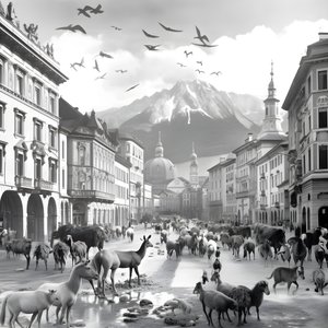 Innsbruck in an Old Photograph with Elegant Zebras, Seagulls, Monkeys, and Clay Figures. 2