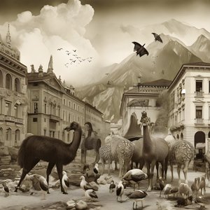 Innsbruck in an Old Photograph with Elegant Zebras, Seagulls, Monkeys, and Clay Figures. 3