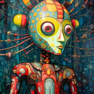 Carnival Cajun Swamp Mutant Sci-Fi Droid in the Artistic Style of Tim Burton and Beksinski 2