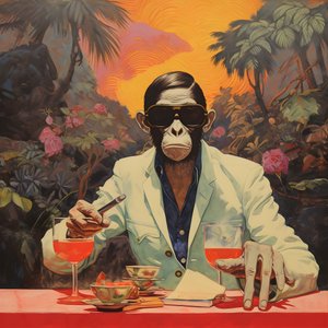 Close-Up of a Cool Monkey in a Japanese Kimono, with Sunglasses, in a Tropical Landscape 1