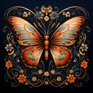 Butterfly in the Center, Symmetrical, with Flowers in the Background 1