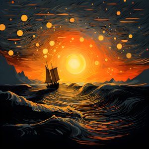 Sunset, Orange-Yellow Sun, Clouds, Five Rotating Circles of Clouds in a Large Sky, Dot-Like Waves and Orange-Yellow Sunset Clouds Reflecting on the Waves, a Boat Sailing Out to Sea 1