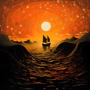 Sunset, Orange-Yellow Sun, Clouds, Five Rotating Circles of Clouds in a Large Sky, Dot-Like Waves and Orange-Yellow Sunset Clouds Reflecting on the Waves, a Boat Sailing Out to Sea 2