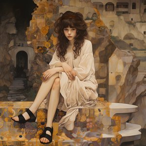 Teenager in Floral Dress and High Skate Shoes, Sitting in a Ruin Through Which a River Flows 1