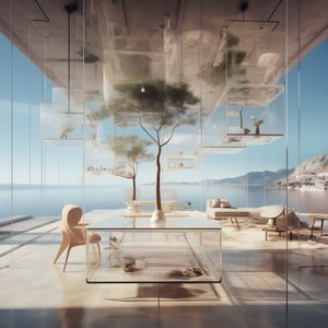 Transparent Building with Island Table