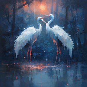 beautiful, magnificent, cinematic painting, two cranes kissing in the rain 2