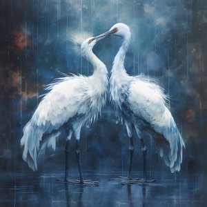 beautiful, magnificent, cinematic painting, two cranes kissing in the rain 3