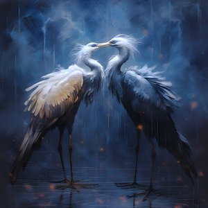 beautiful, magnificent, cinematic painting, two cranes kissing in the rain 4