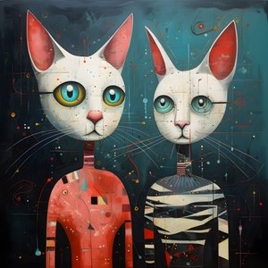 Two Anthropomorphic Cats, Tomcat and Cat, Kubrickian Synthetic 3