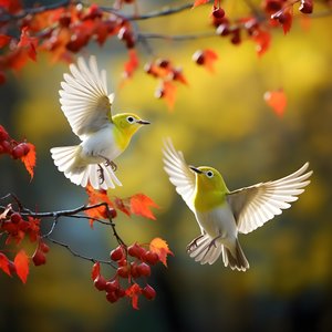 Two super cute green white-eye birds spread their wings and fly in the autumn maple leaves 1