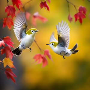 Two super cute green white-eye birds spread their wings and fly in the autumn maple leaves 2