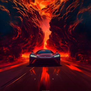 A luxury car on a path with glowing red background