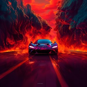 A luxury car on a path with glowing red background