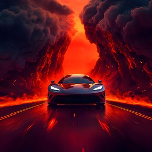 A luxury car on a path with glowing red background