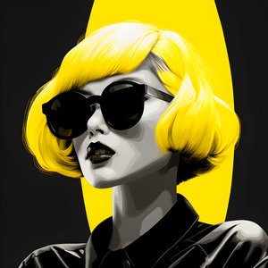 An Illustration of a Girl Wearing Yellow Sunglasses with Hair on Her Face and with Ears, in the Style of Film Noir Aesthetic 1