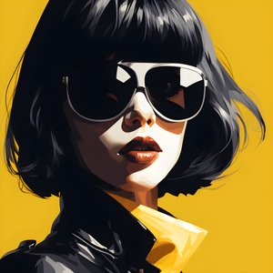 An Illustration of a Girl Wearing Yellow Sunglasses with Hair on Her Face and with Ears, in the Style of Film Noir Aesthetic 3