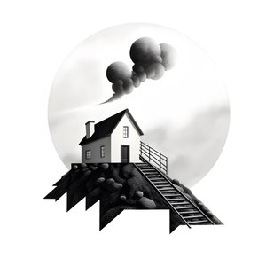 Illustration of a House with Solar Panels and Arrow Pointing Upwards
