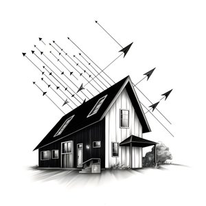 Illustration of a House with Solar Panels and Arrow Pointing Upwards by Kurt Heppke