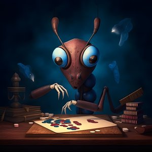 anthropomorphic wild ant with eyebrows and blue eyes 1