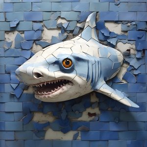 A Blue Shark with a Painted Face on an Old Wall 2