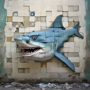 A Blue Shark with a Painted Face on an Old Wall 3