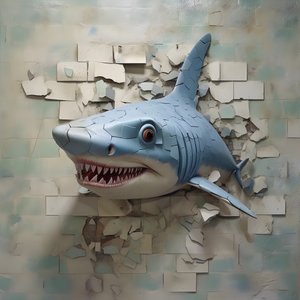 A Blue Shark with a Painted Face on an Old Wall 4